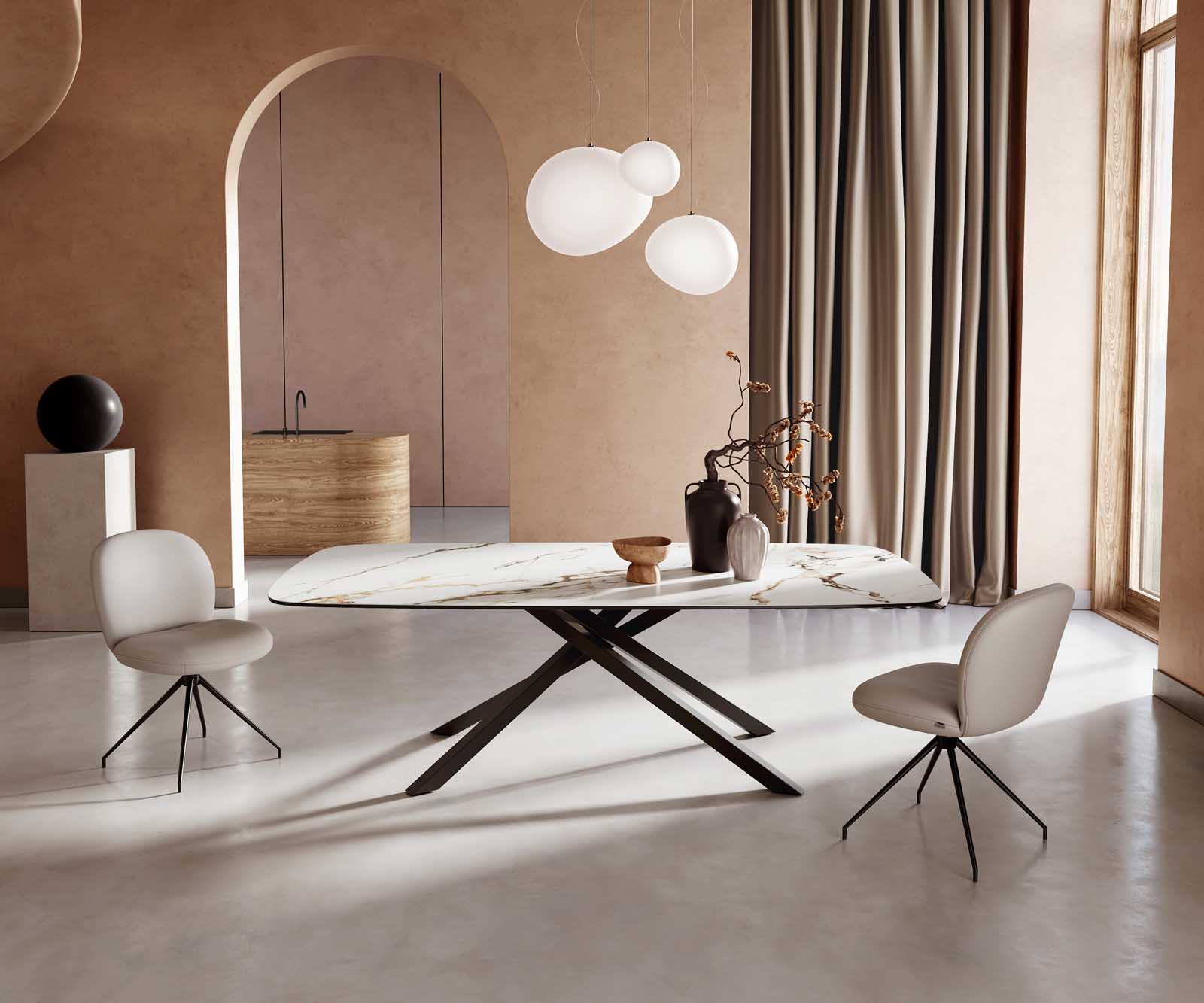 Étkezőasztal Edge hajóformájú 240x120 cm kerámia Calacatta Luxe fehér arany szürke kereszt láb téglalap fekete