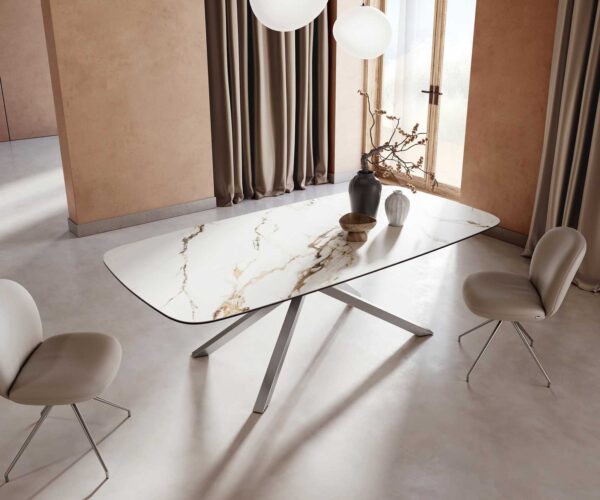 Étkezőasztal Edge hajóformájú 240x120 cm kerámia Calacatta Luxe fehér arany szürke kereszt láb rozsdamentes acél - Image 5