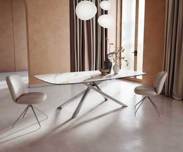 Étkezőasztal Edge hajóformájú 240x120 cm kerámia Calacatta Luxe fehér arany szürke kereszt láb rozsdamentes acél - Image 2