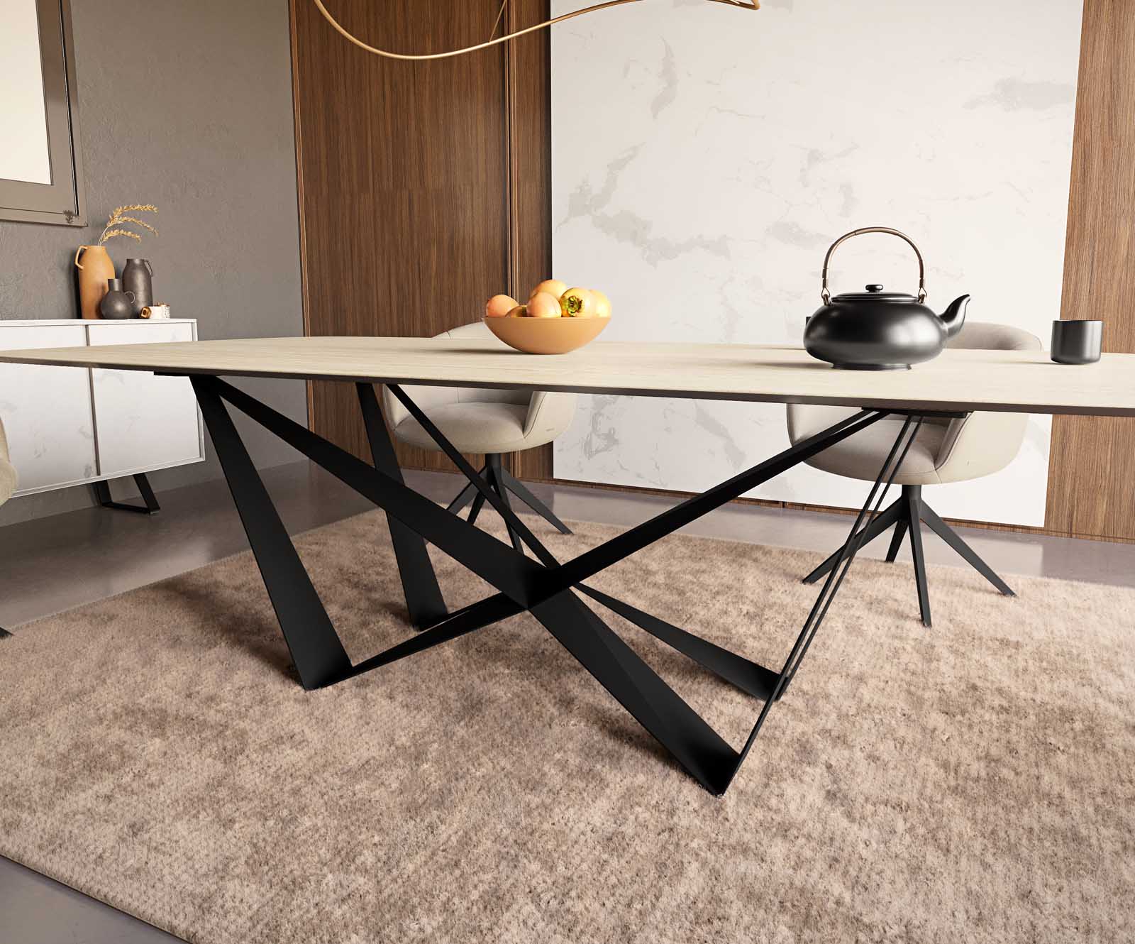 Étkezőasztal Edge hajóformájú 240x120 kerámia travertin természetes pókláb laposacél fekete - Image 6