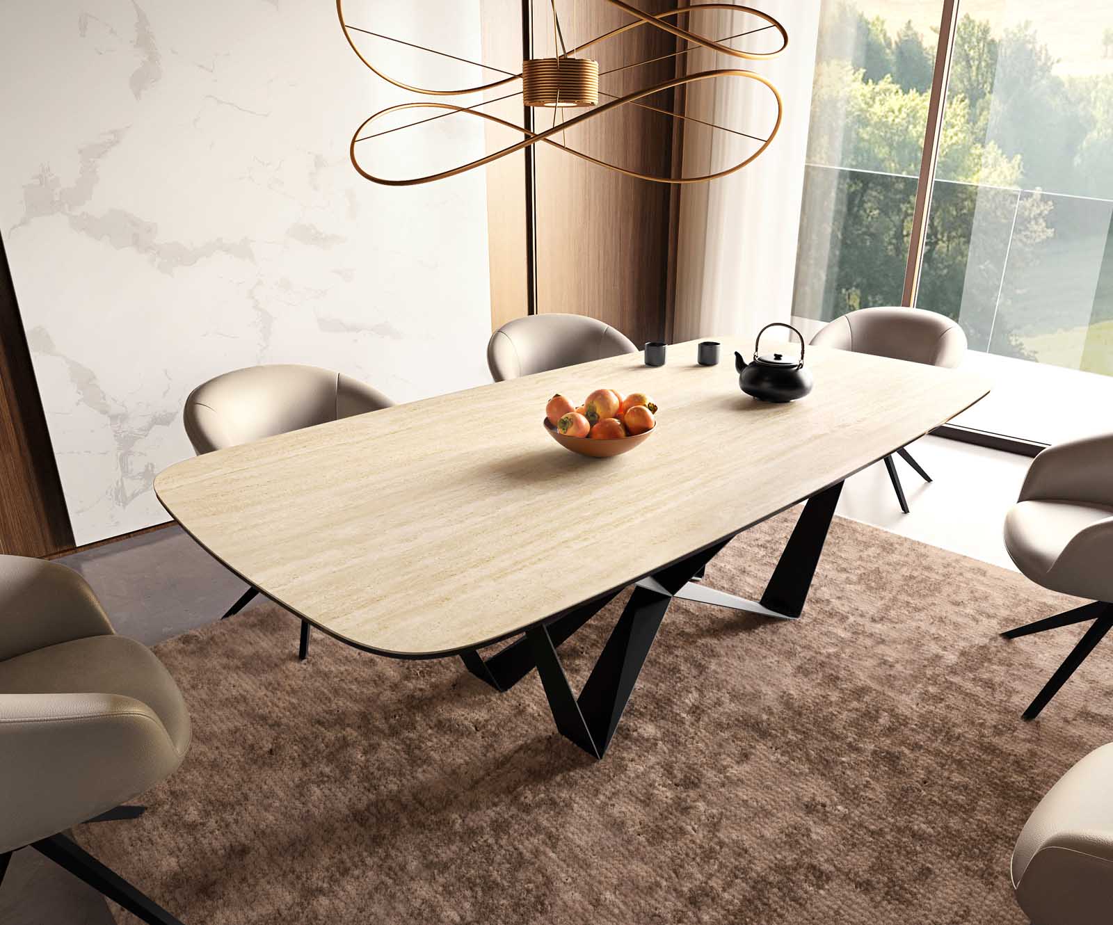 Étkezőasztal Edge hajóformájú 240x120 kerámia travertin természetes pókláb laposacél fekete - Image 2