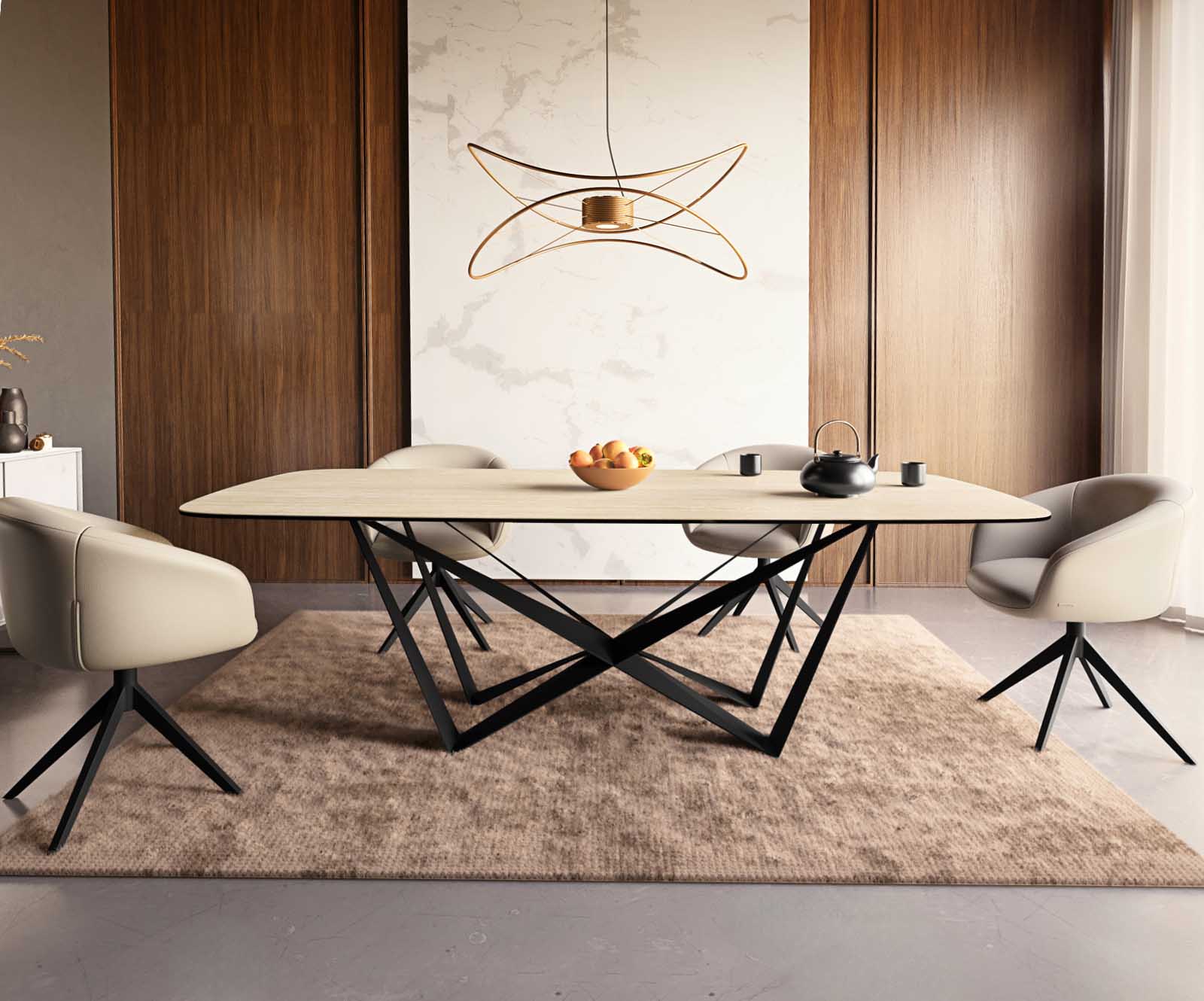 Étkezőasztal Edge hajóformájú 240x120 kerámia travertin természetes pókláb laposacél fekete