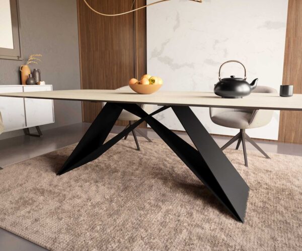 Étkezőasztal Edge hajóformájú 240x120 kerámia travertin természetes V alakú láb laposacél fekete - Image 6