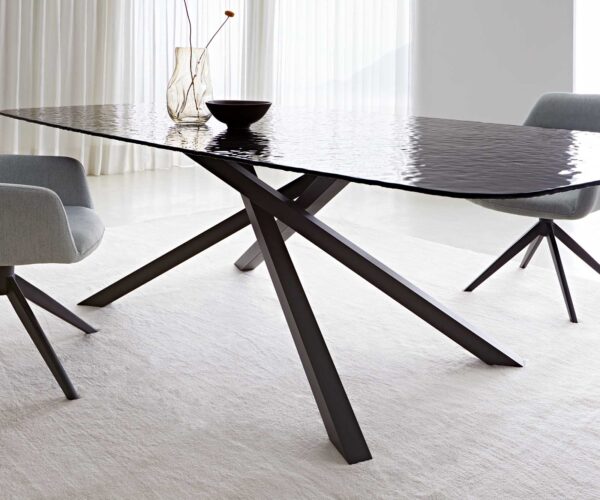 Étkezőasztal Edge hajóformájú 240x120 domborított üveg füstfekete 3D design kereszt láb téglalap fekete - Image 7