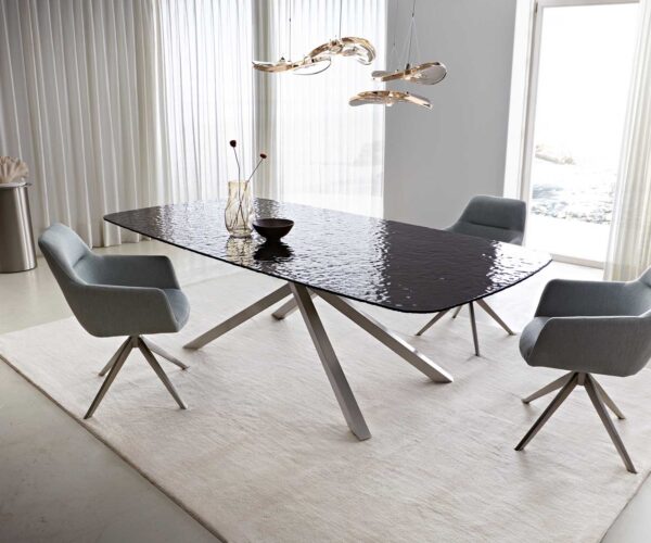 Étkezőasztal Edge hajóformájú 240x120 domborított üveg füstfekete 3D design kereszt láb rozsdamentes acélból - Image 2