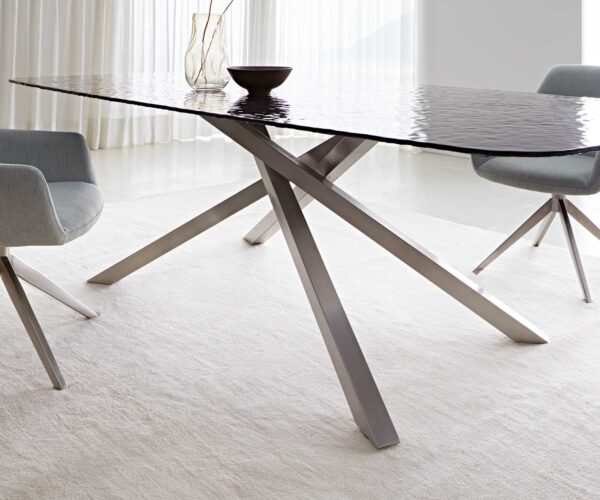 Étkezőasztal Edge hajóformájú 240x120 domborított üveg füstfekete 3D design kereszt láb rozsdamentes acélból - Image 7