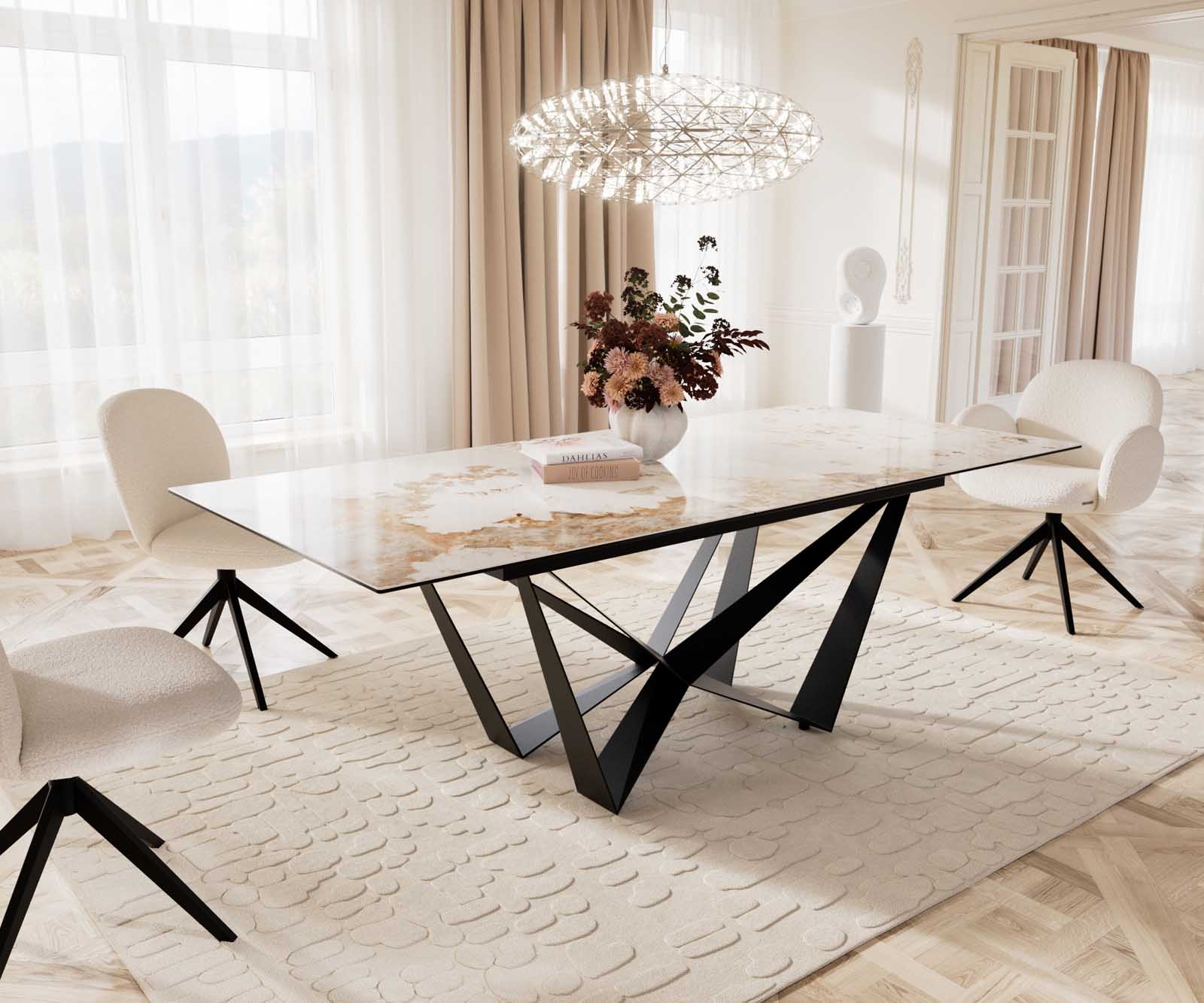 Étkezőasztal Edge 180-220x100 kerámia Minas melange fehér-bézs Spider laposacél fekete kihúzható