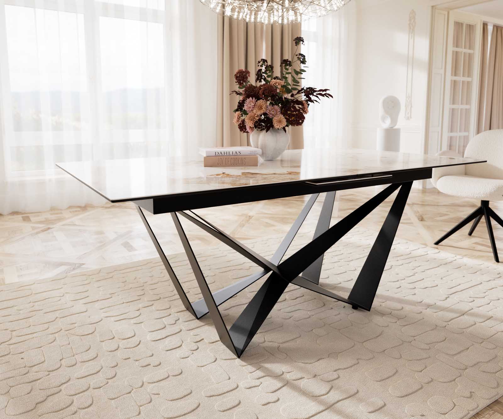 Étkezőasztal Edge 180-220x100 kerámia Minas melange fehér-bézs Spider laposacél fekete kihúzható - Image 7