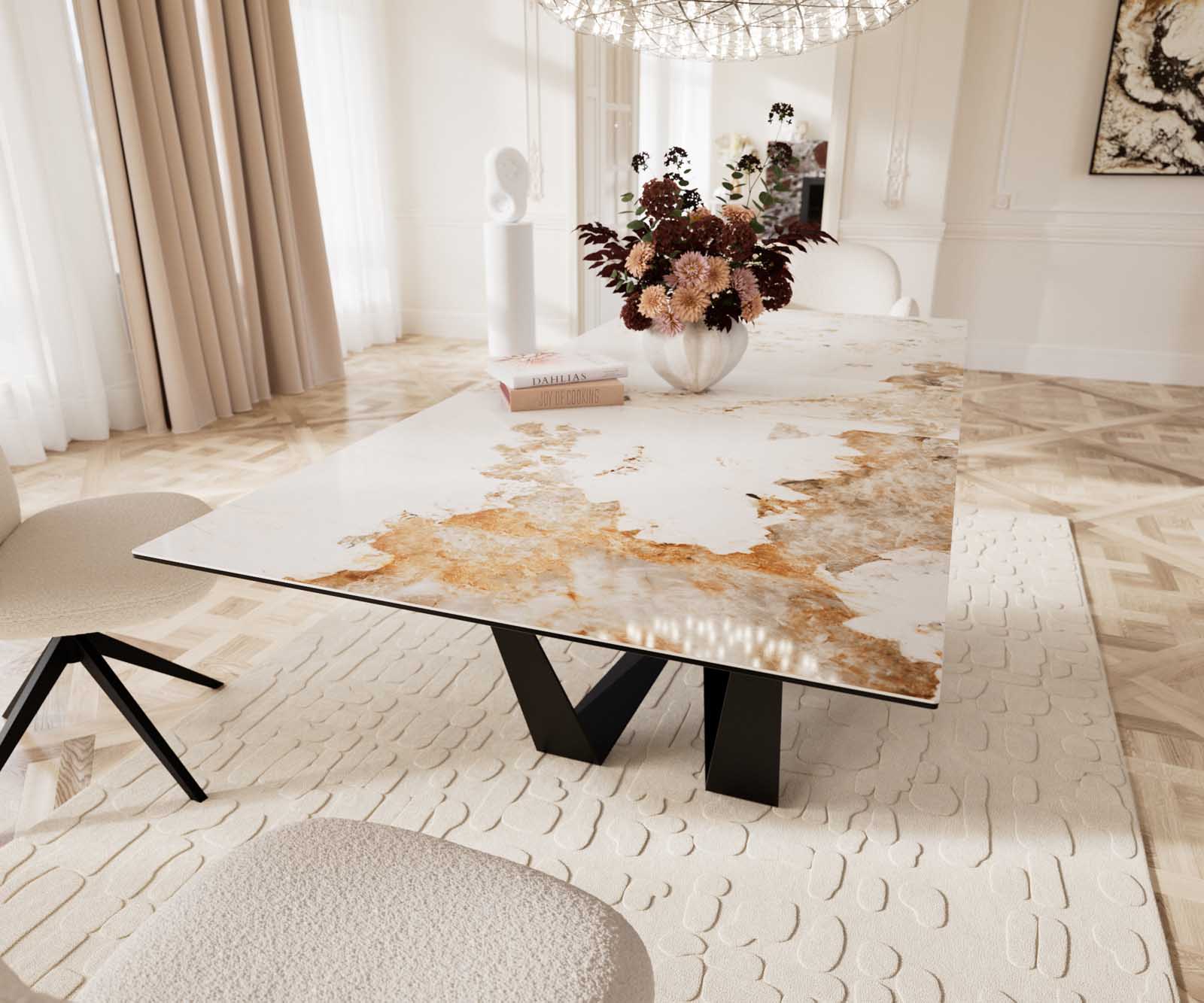 Étkezőasztal Edge 180-220x100 kerámia Minas melange fehér-bézs Spider laposacél fekete kihúzható - Image 8