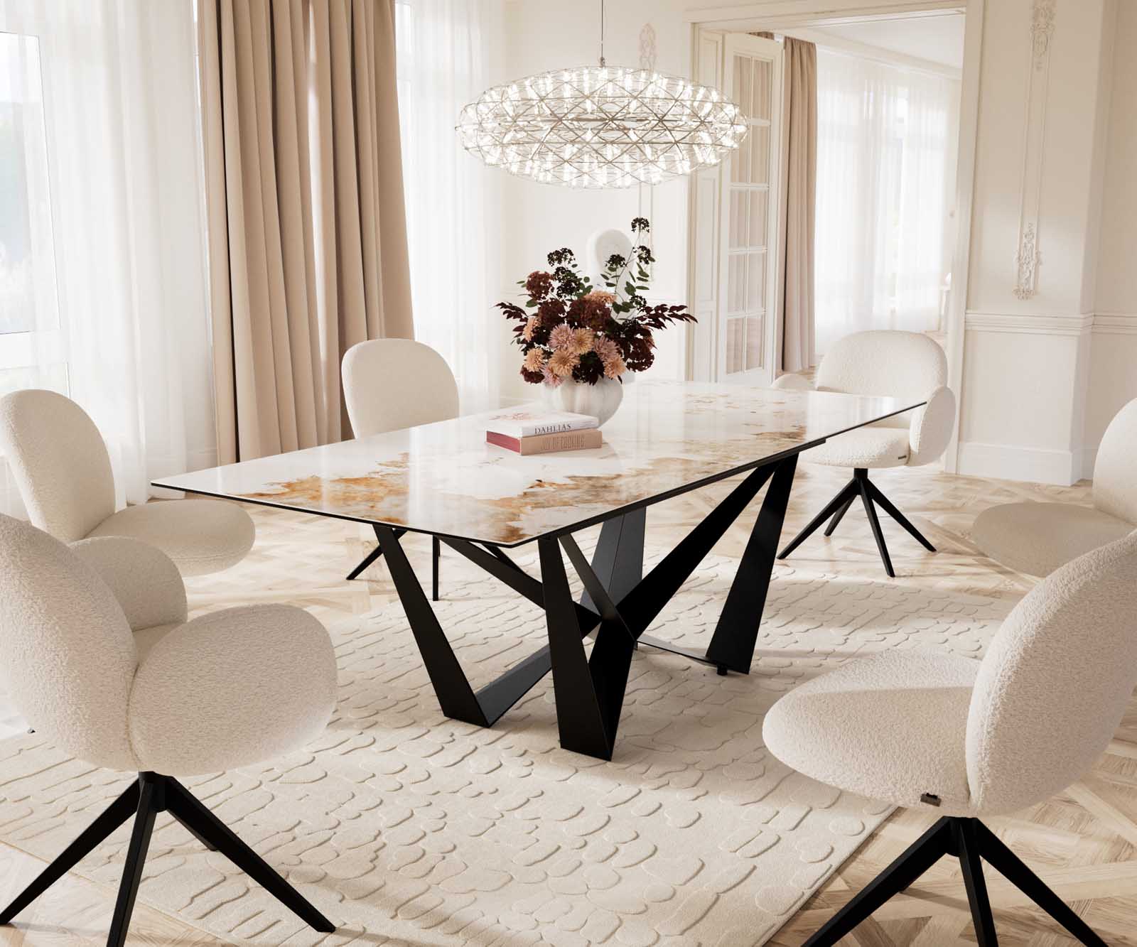 Étkezőasztal Edge 180-220x100 kerámia Minas melange fehér-bézs Spider laposacél fekete kihúzható - Image 9