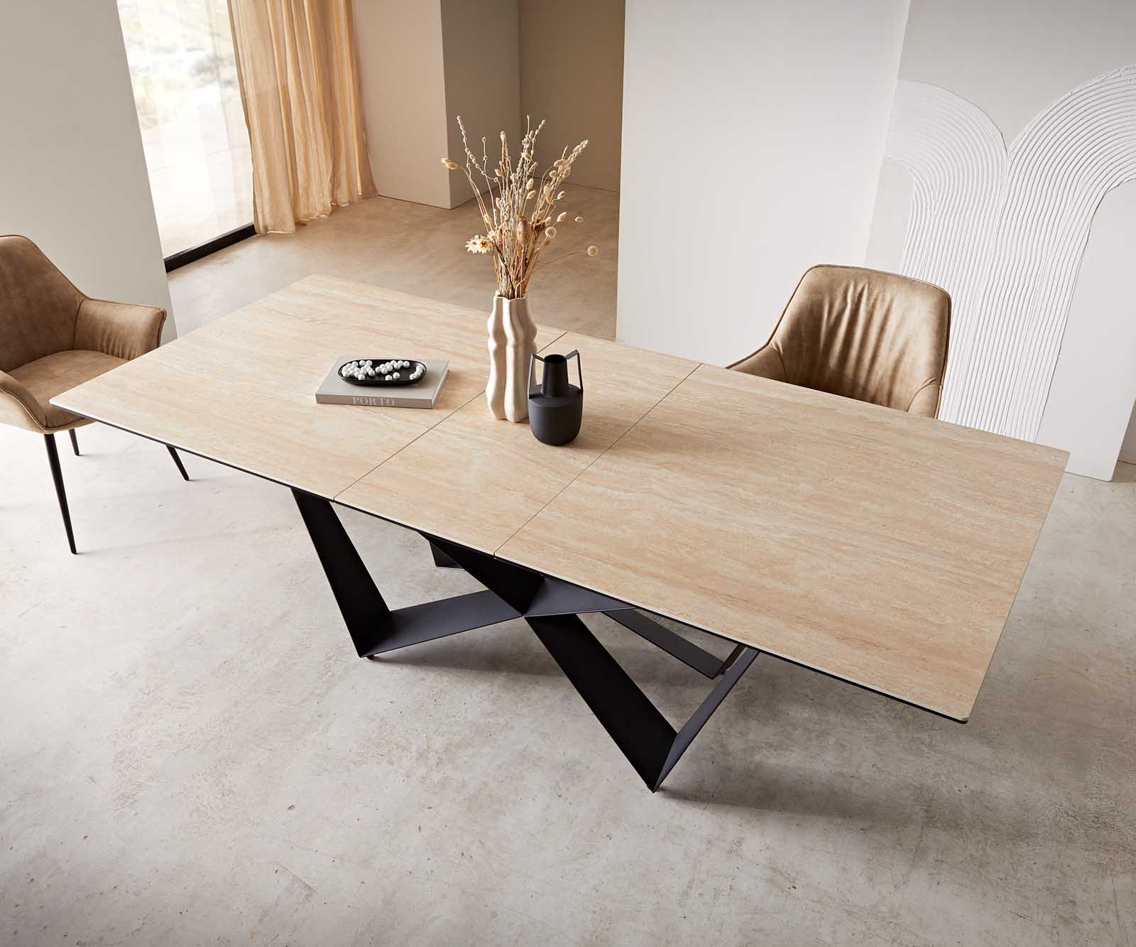 Étkezőasztal Edge 180-220x100 kerámia travertin természetes pókláb laposacél fekete kihúzható - Image 5