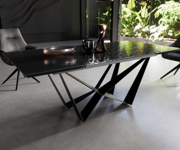 Étkezőasztal Edge 200-300x100 domborított üveg füstfekete 3D design Spider laposacél fekete kihúzható - Image 5