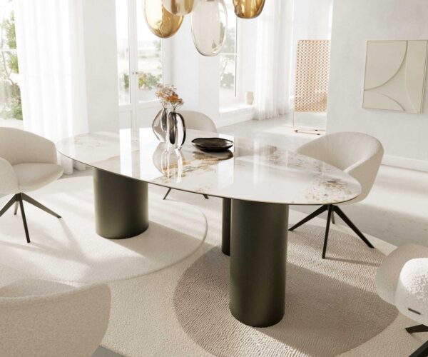 Étkezőasztal Edge ovális 220x120 cm kerámia Minas melange fehér-bézs Troa fém effekt felület titán - Image 7