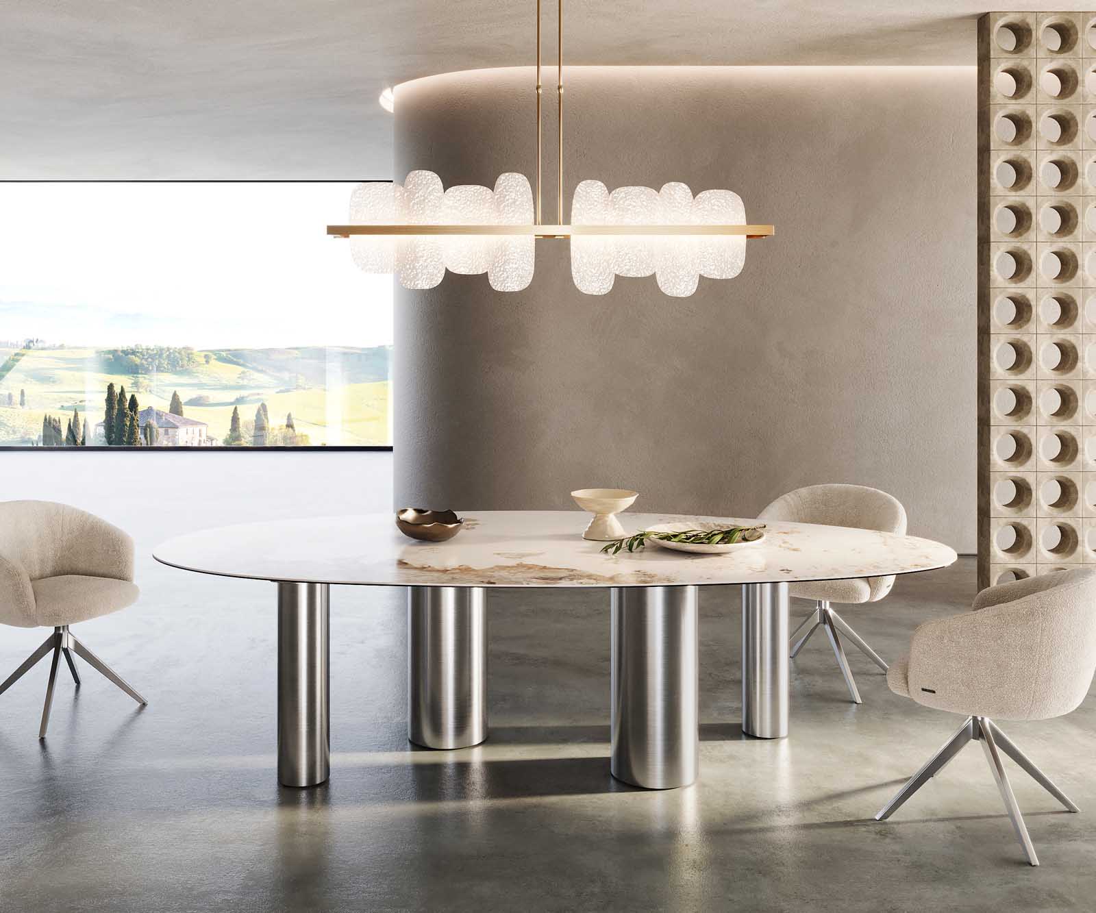 Étkezőasztal Edge ovális 280x130 kerámia Minas melange fehér-bézs pilier rozsdamentes acél - Image 2