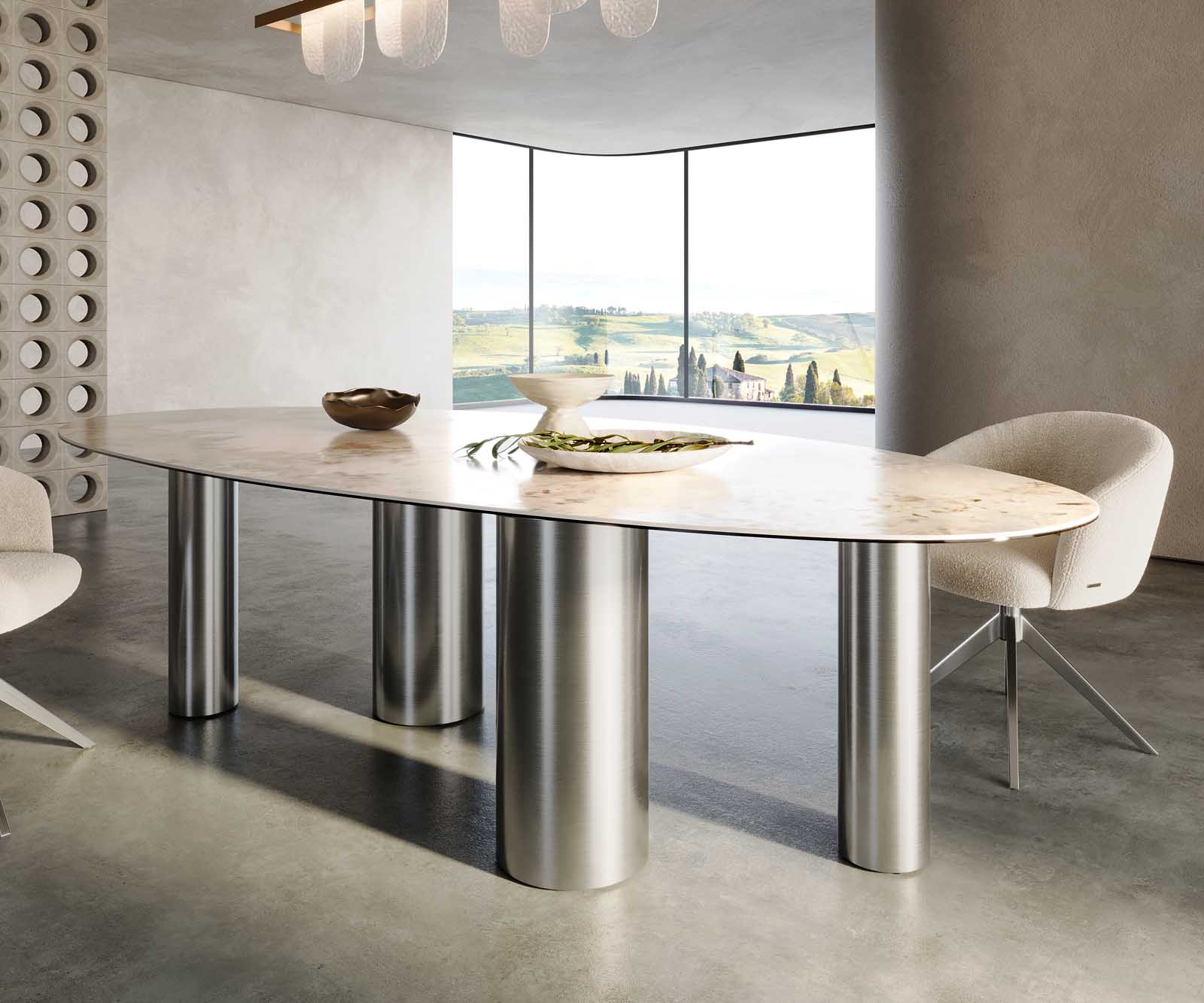 Étkezőasztal Edge ovális 280x130 kerámia Minas melange fehér-bézs pilier rozsdamentes acél - Image 6