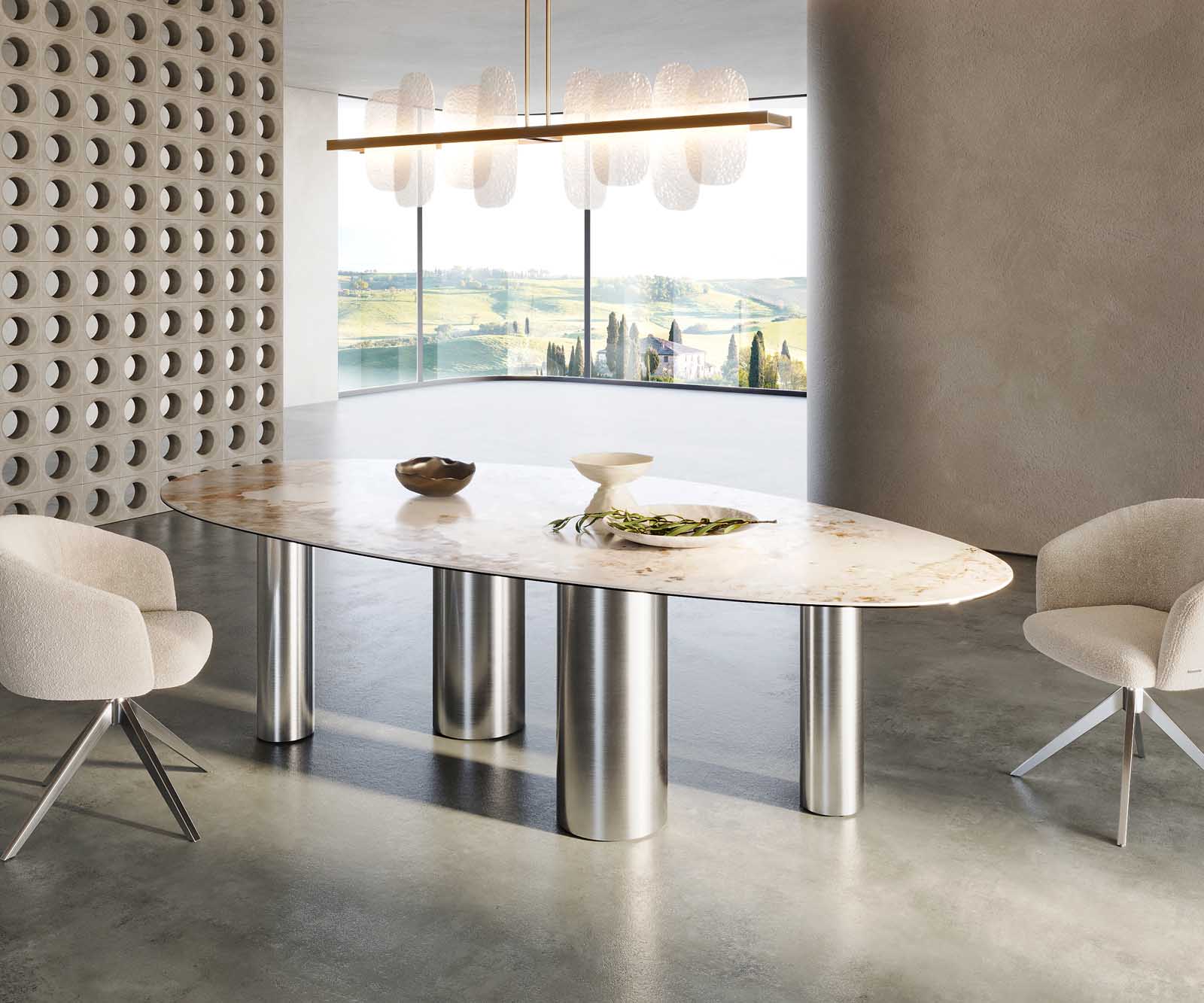 Étkezőasztal Edge ovális 280x130 kerámia Minas melange fehér-bézs pilier rozsdamentes acél - Image 7