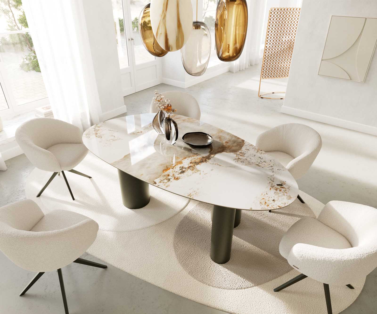 Étkezőasztal Edge ovális 220x120 kerámia Minas melange fehér-bézs pilier fém effekt felület titán