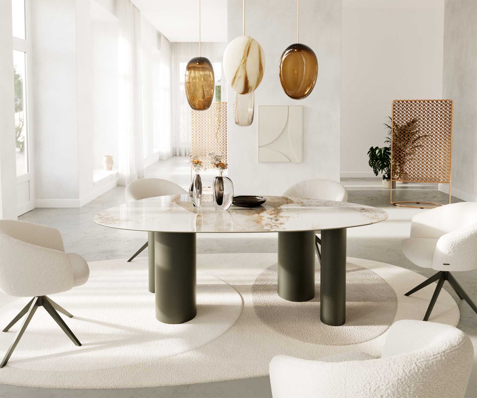 Étkezőasztal Edge ovális 220x120 kerámia Minas melange fehér-bézs pilier fém effekt felület titán - Image 2