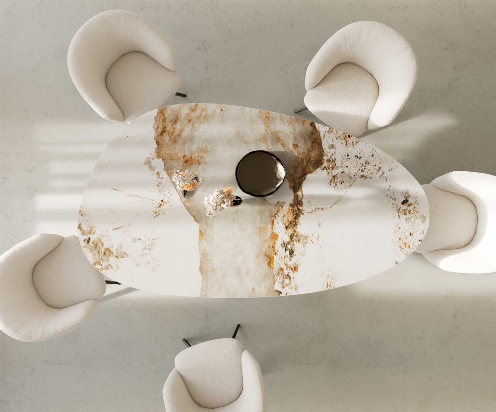 Étkezőasztal Edge ovális 220x120 kerámia Minas melange fehér-bézs pilier fém effekt felület titán - Image 5