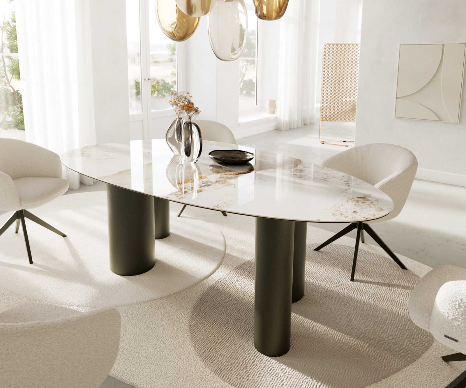 Étkezőasztal Edge ovális 220x120 kerámia Minas melange fehér-bézs pilier fém effekt felület titán - Image 7