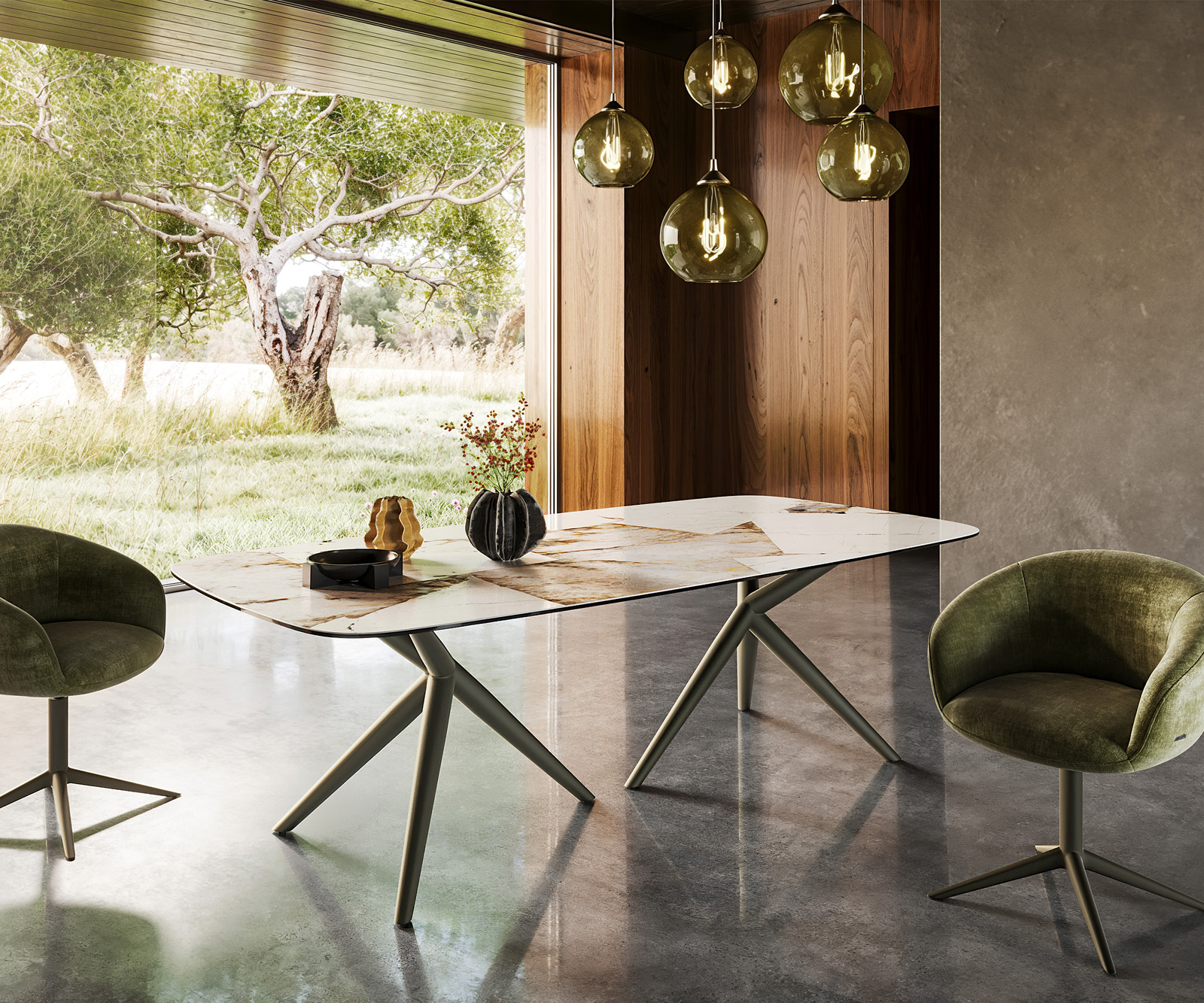 Étkezőasztal Edge hajóformájú 240x120 kerámia iris FMG Patagonia Lappato Estelar kerek fém effekt felület titán