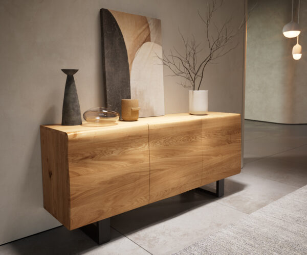 Komód New Live-Edge 145 cm tölgy természetes 3 ajtós fém fekete vékony lábazattal - Image 4