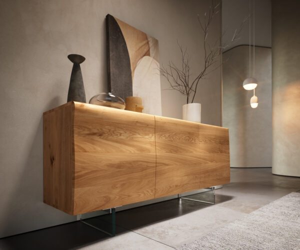 Komód New Live-Edge 145 cm tölgy természetes 3 ajtós üveg láb - Image 5
