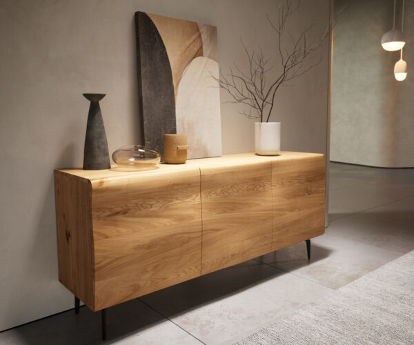 Komód New Live-Edge 145 cm tölgy természetes 3 ajtós "L" alakú fém láb fekete - Image 4