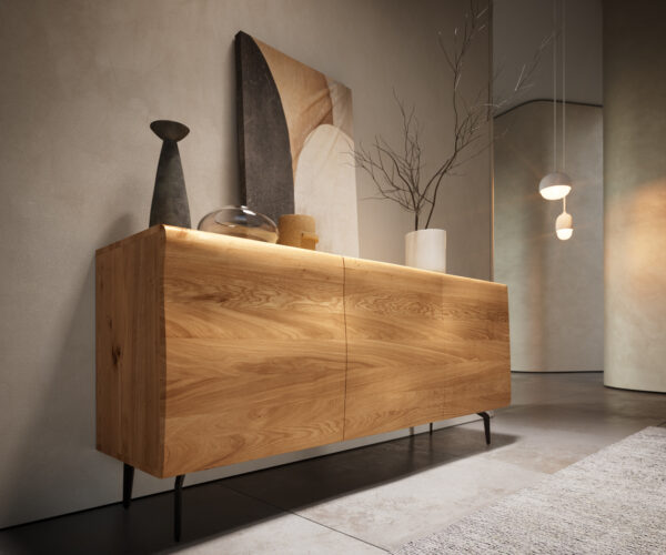 Komód New Live-Edge 145 cm tölgy természetes 3 ajtós "L" alakú fém láb fekete - Image 5