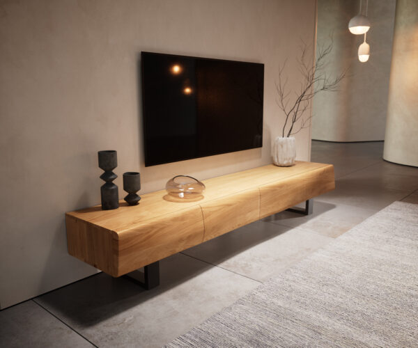 TV szekrény New Live-Edge 200 cm tölgy természetes 4 ajtós fém fekete vékony lábazattal - Image 2