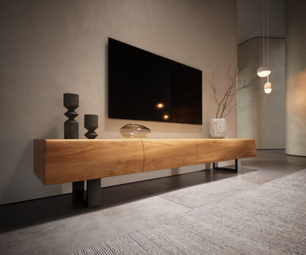 TV szekrény New Live-Edge 200 cm tölgy természetes 4 ajtós fém fekete vékony lábazattal - Image 3