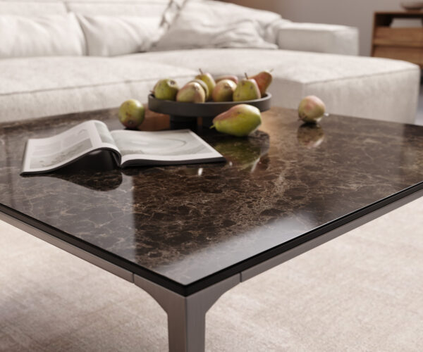 Dohányzóasztal Levente 85x85 cm kerámia Laminam®Emperador Extra Lucido sötétbarna rozsdamentes acél láb ezüst - Image 6