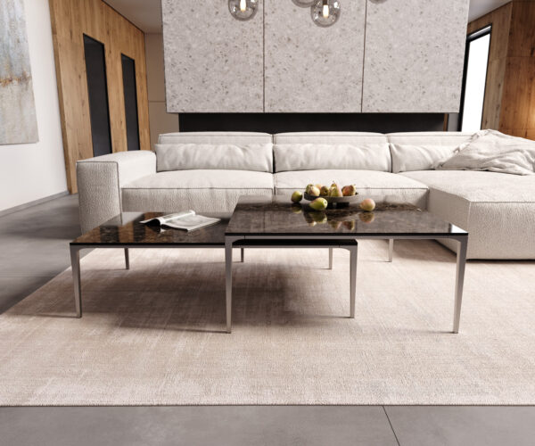 Dohányzóasztal Levente 85x85 cm kerámia Laminam®Emperador Extra Lucido sötétbarna rozsdamentes acél láb ezüst - Image 7