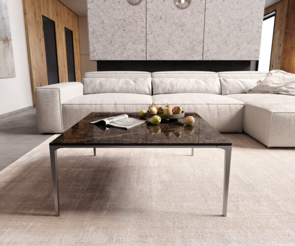 Dohányzóasztal Levente 85x85 cm kerámia Laminam®Emperador Extra Lucido sötétbarna rozsdamentes acél láb ezüst - Image 2