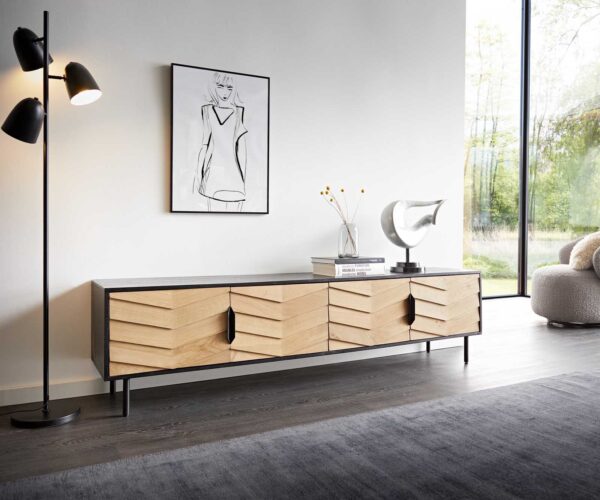 TV szekrény Muvi 200 cm tölgy természetes mango fekete fém fekete 4 ajtós