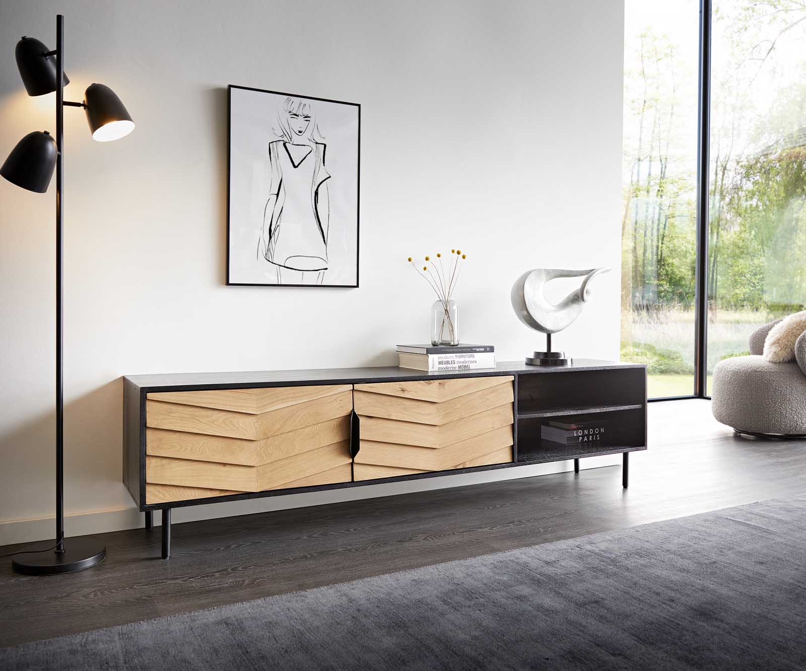 TV szekrény Muvi 200 cm tölgy természetes mango fekete fém fekete 2 ajtós 2 rekeszes