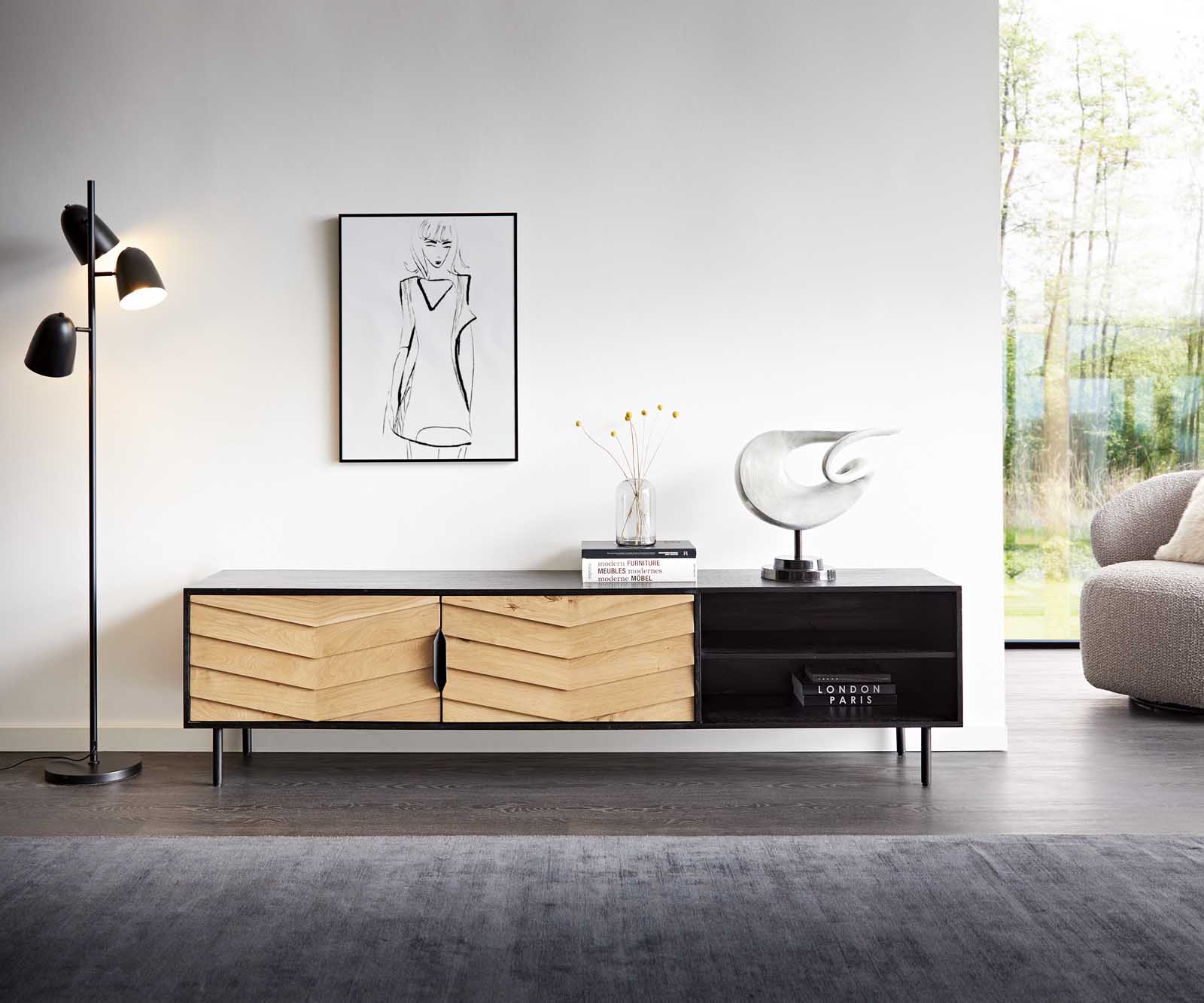 TV szekrény Muvi 200 cm tölgy természetes mango fekete fém fekete 2 ajtós 2 rekeszes - Image 2