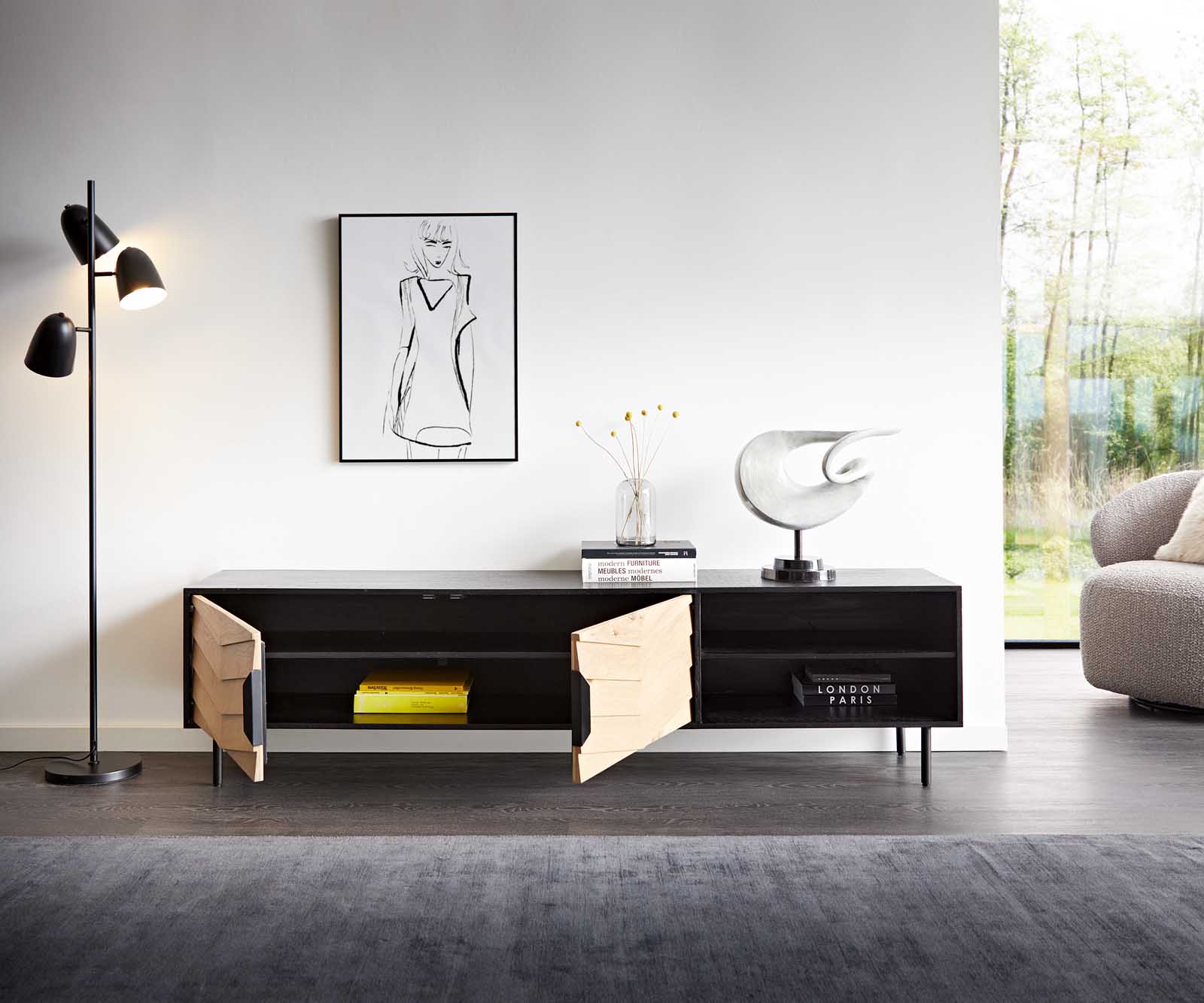 TV szekrény Muvi 200 cm tölgy természetes mango fekete fém fekete 2 ajtós 2 rekeszes - Image 4