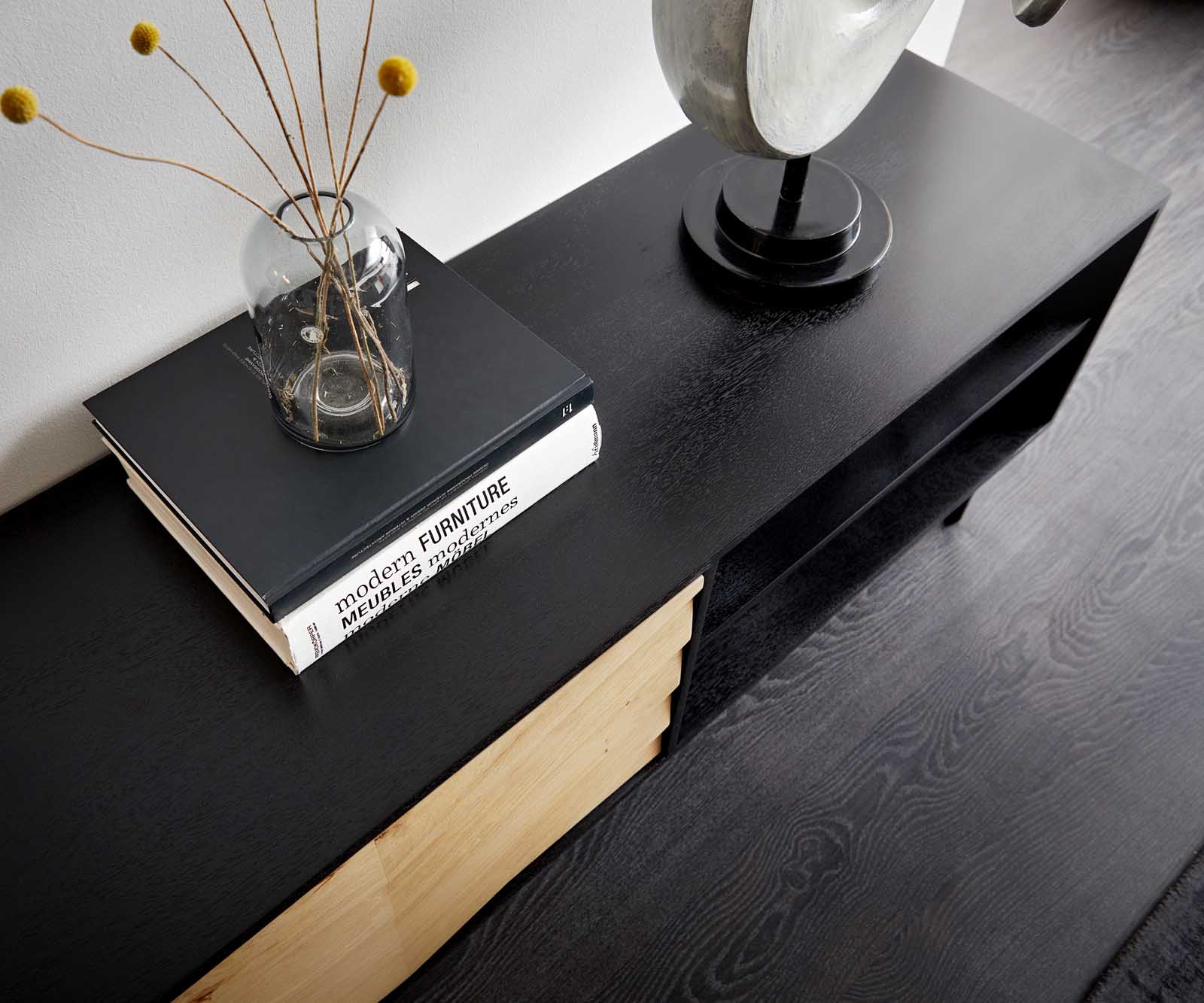 TV szekrény Muvi 200 cm tölgy természetes mango fekete fém fekete 2 ajtós 2 rekeszes - Image 6