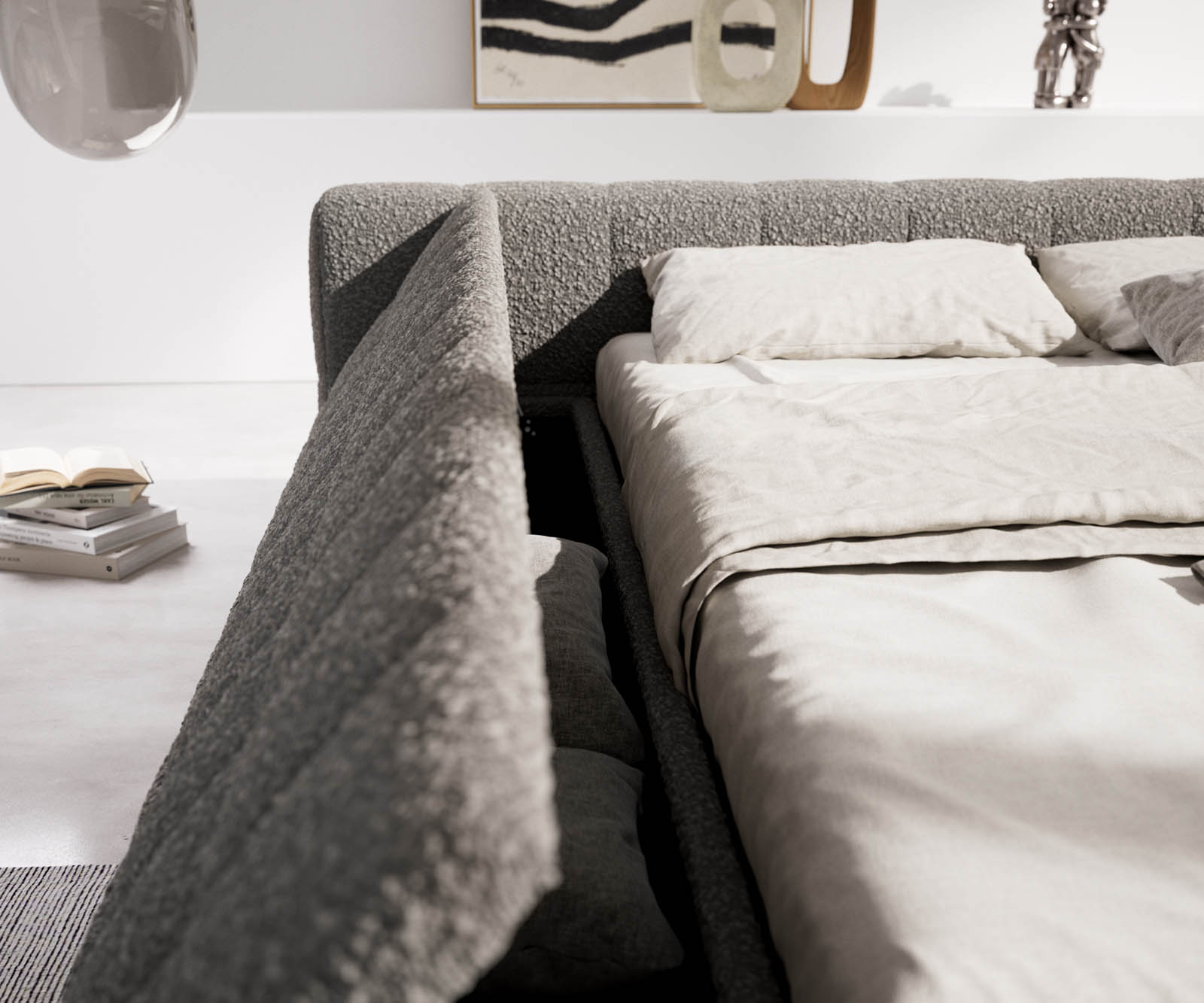 Kárpitozott ágy Espazio 140x200 cm bouclé ezüstszürke tárolóhellyel - Image 8