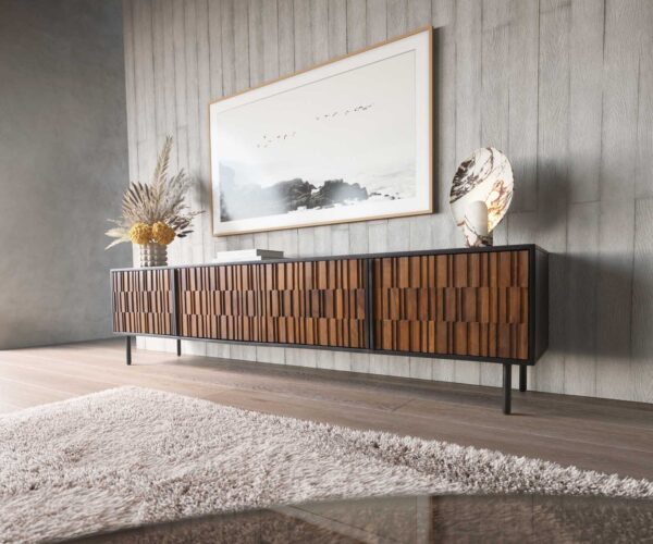 TV szekrény Kallam 200 cm sheesham dió mango fekete fém fekete 4 ajtós