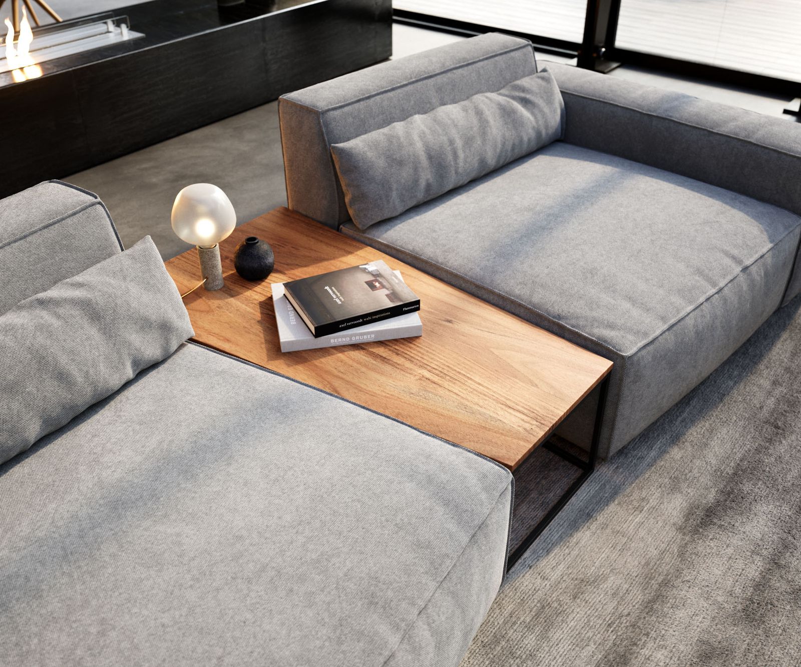 Dohányzóasztal Tatius 120x40/70 akác természetes fekete lábazattal Sirpio trapézasztalhoz illő