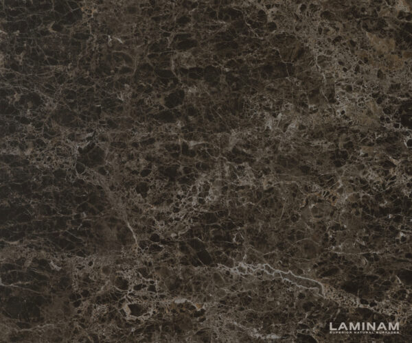 Étkezőasztal Edge hajóformájú 200x100 cm Laminam® Emperador extra fényes sötétbarna kerámia fém titán effekt felület ferde - Image 3