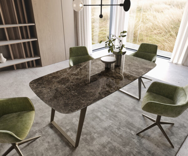 Étkezőasztal Edge hajóformájú 200x100 cm Laminam® Emperador extra fényes sötétbarna kerámia fém titán effekt felület ferde - Image 2