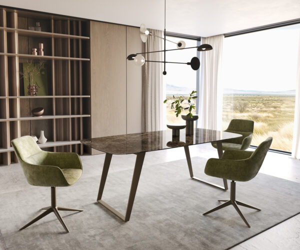 Étkezőasztal Edge hajóformájú 200x100 cm Laminam® Emperador extra fényes sötétbarna kerámia fém titán effekt felület ferde - Image 6