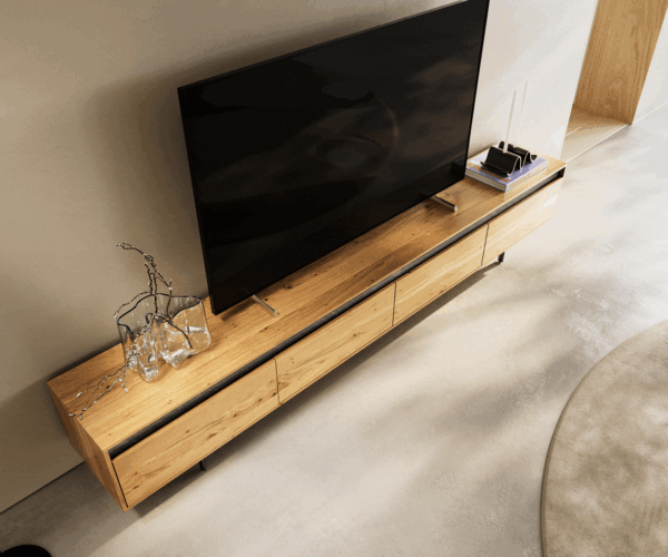 TV stolek Stonegrace 240 cm přírodní dub 4 dvířka podnož oválná kovová černá - Image 4