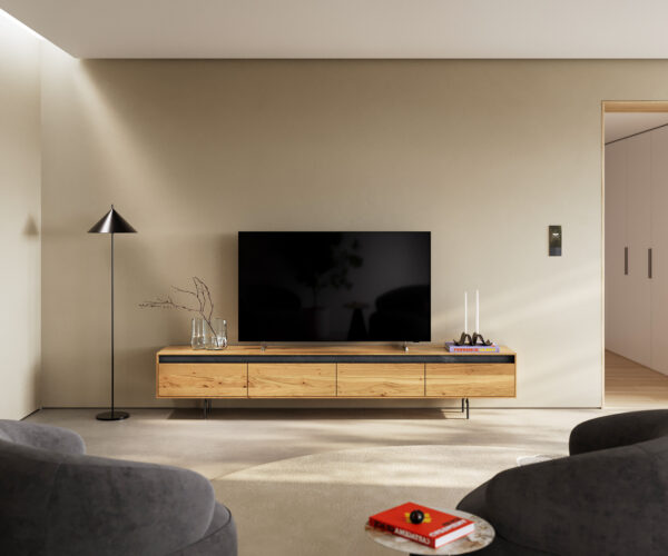 TV stolek Stonegrace 240 cm přírodní dub 4 dvířka podnož oválná kovová černá - Image 2