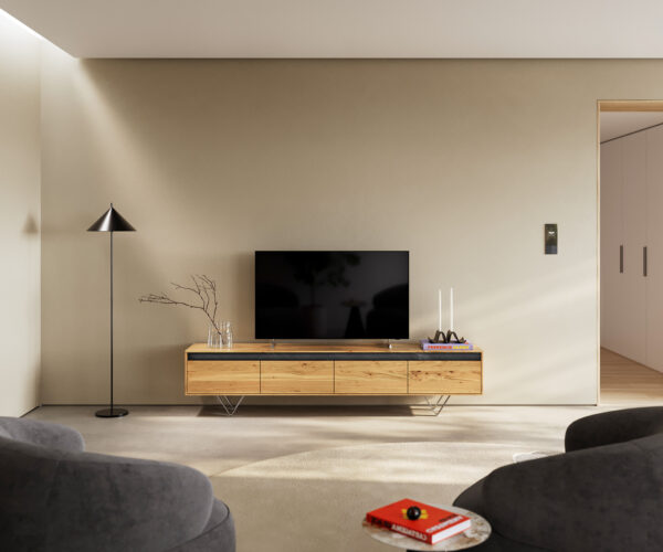 Design TV szekrény Stonegrace 200 cm tölgy természetes pala 4 fiókos V láb rozsdamentes acélból - Image 2