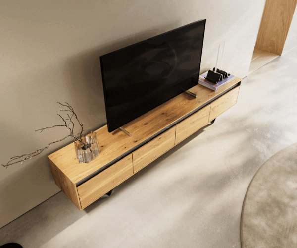 Design TV szekrény Stonegrace 200 cm tölgy természetes pala 4 fiók V láb fém fekete - Image 4