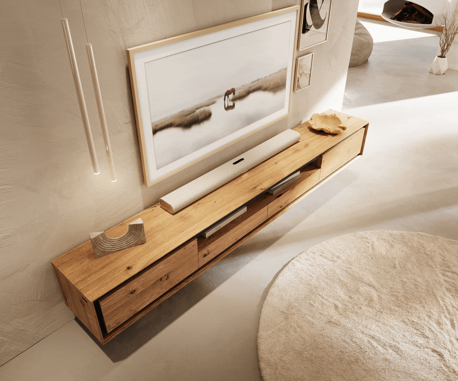 TV szekrény Stonegrace 240 cm tölgy természetes 2 ajtós 1 rekeszes 2 fiókos kőfurnér lebegő - Image 4